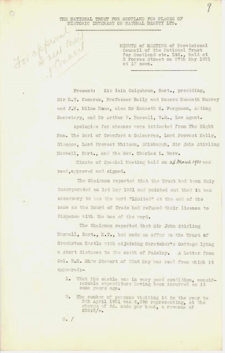 Minute of the first meeting of the Provisional Council of the NTS after its founding in May 1931