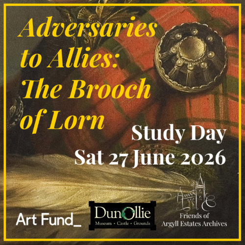 Advertising image showing Brooch of Lorn against MacDougall tartan and project logos