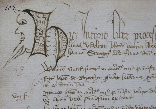 A detail from the second Burgh Register for Aberdeen (1408-1414) with an illustrated initial letter incorporating a man’s face and a fish. The Burgh Registers are the earliest and most complete body of surviving records of any Scottish town, and are recognised by UNESCO as being of outstanding historical importance.